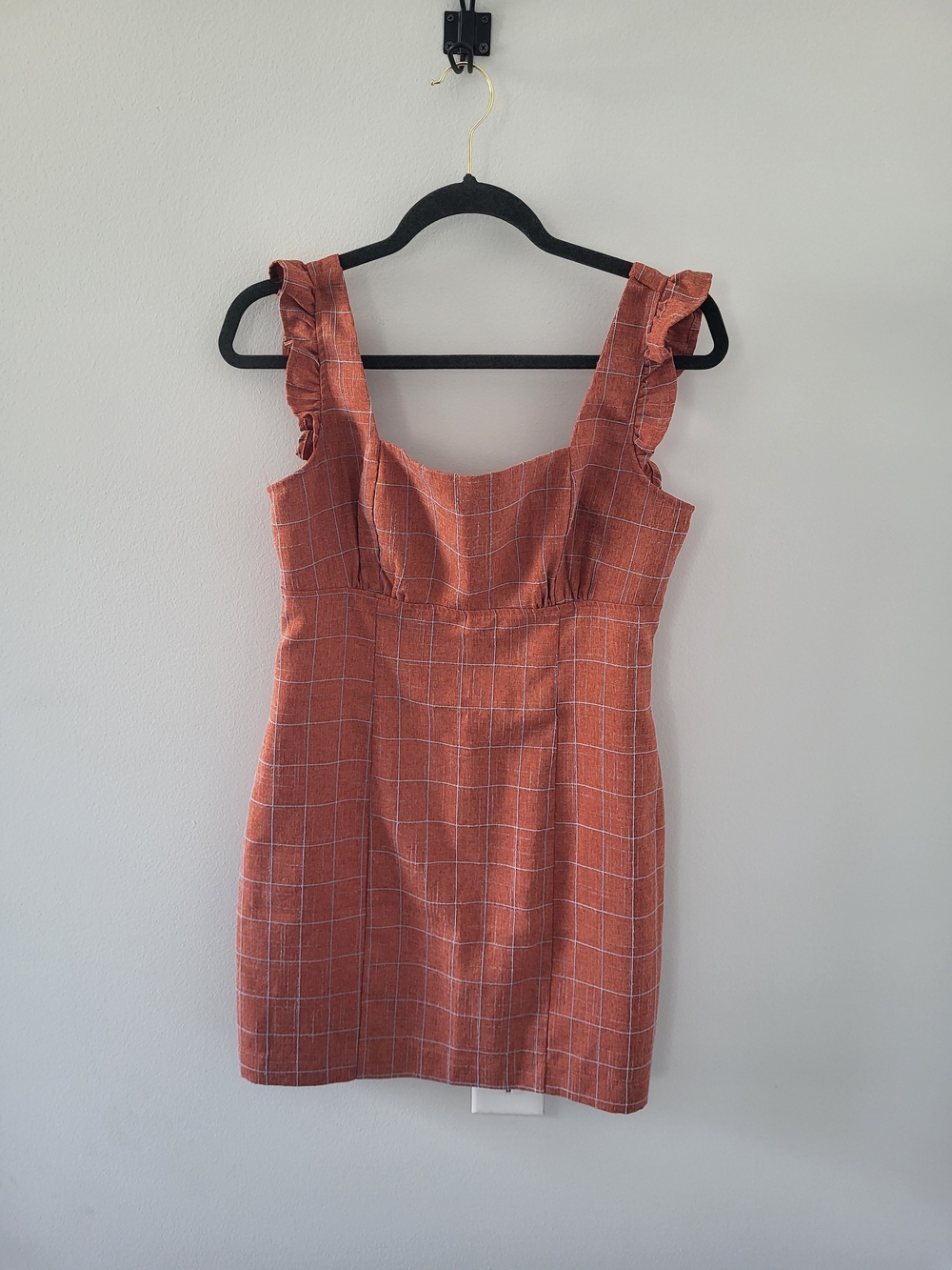 Rust Plaid Square-Neck Mini Dress with Ruffle Straps Size Medium, Jrs